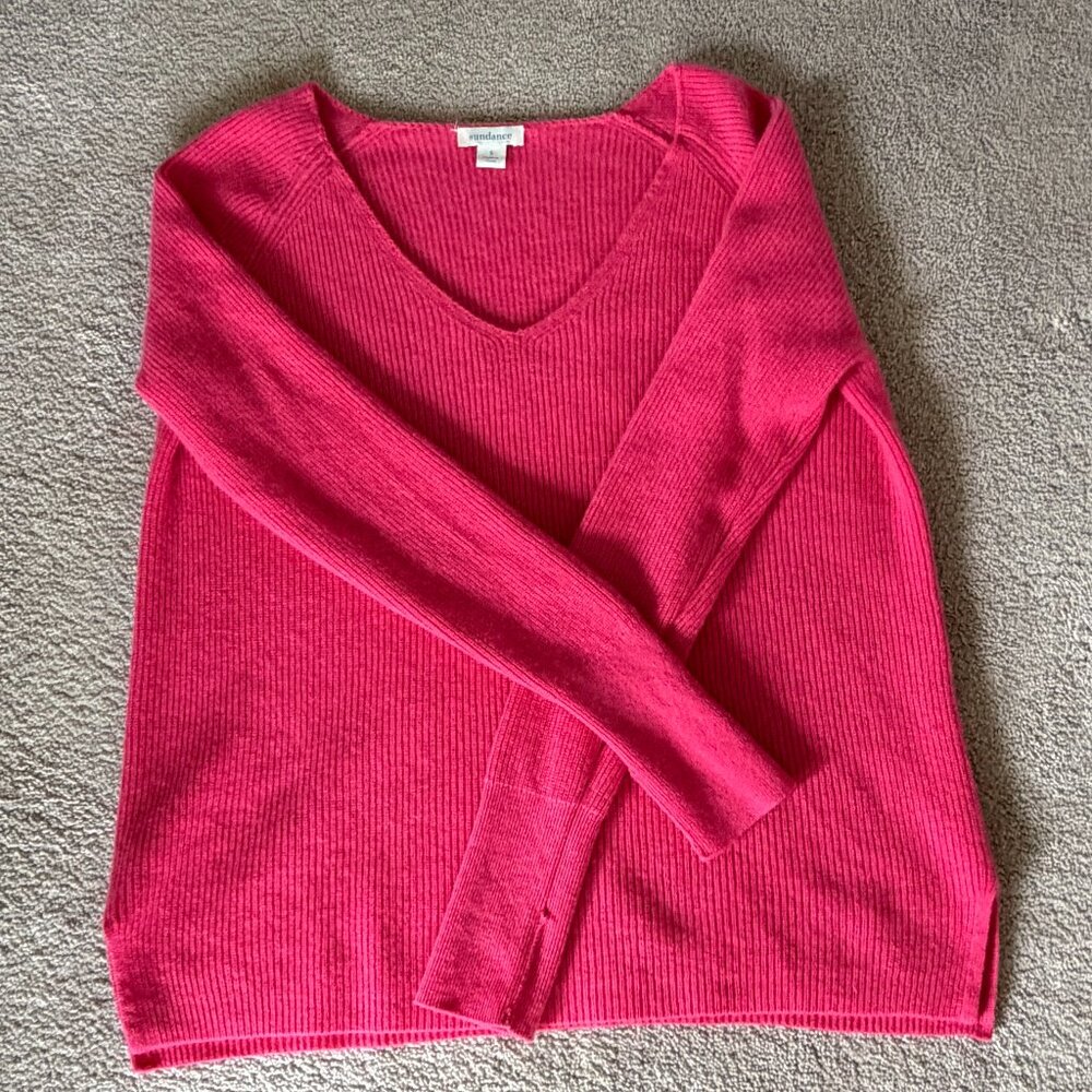 Sundance hot pink side slits rib knit v-neck 100% cashmere sweater Sz S - Picture 8 of 10